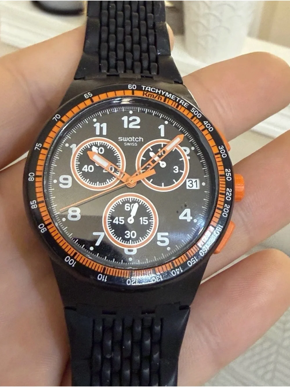 Swatch Nerolino Chronograph Men Watch SUSB408 Black Orange 4 Jewels Swiss Made